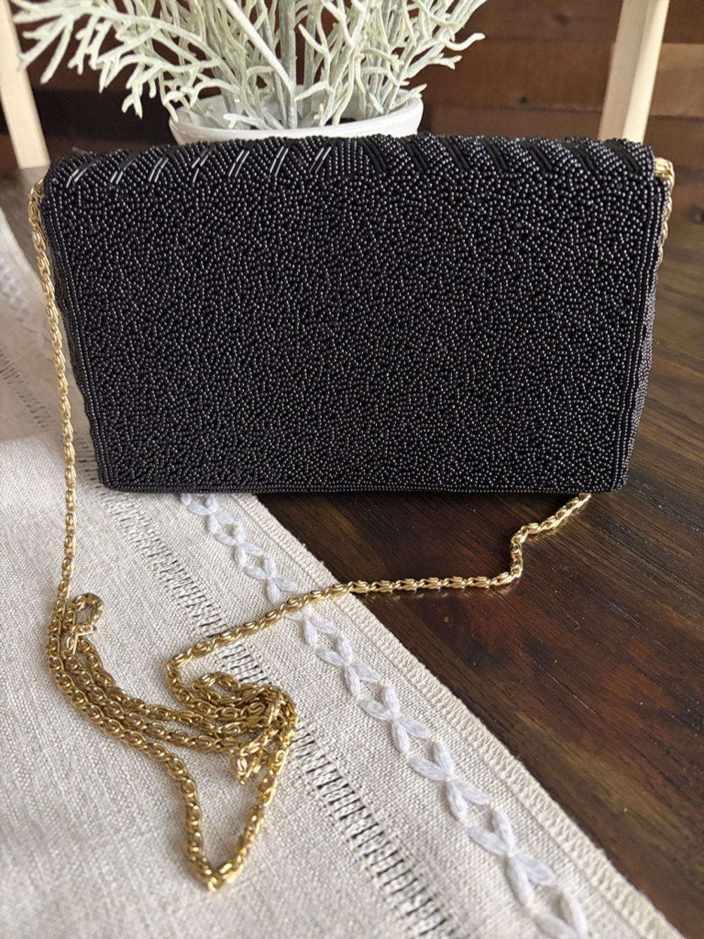 Black Beaded Evening Clutch with Gold Chain Strap - Picture 2 of 7